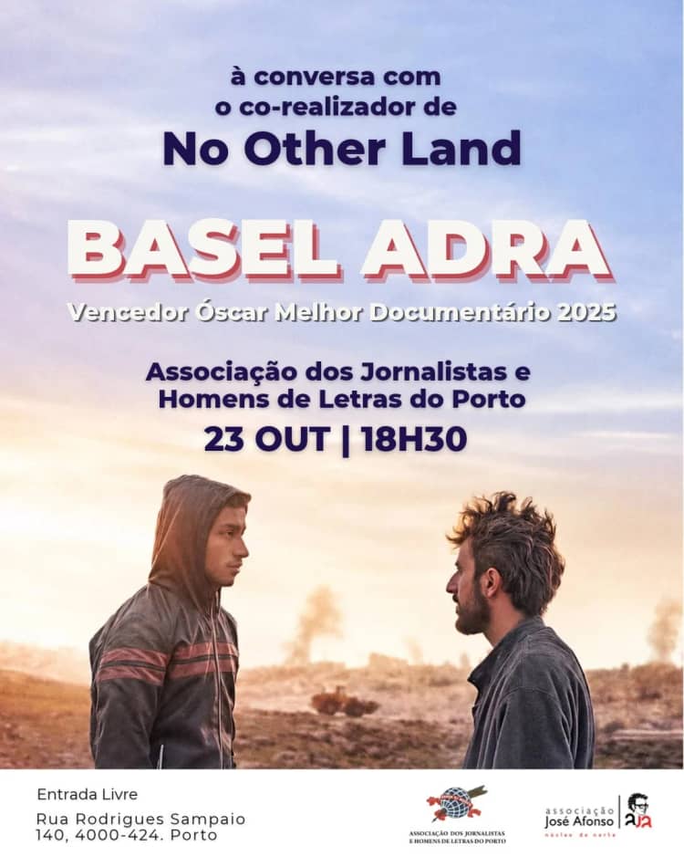Cartaz de Conversa com Basel Adra em Associação dos Jornalistas e Homens de Letras do Porto