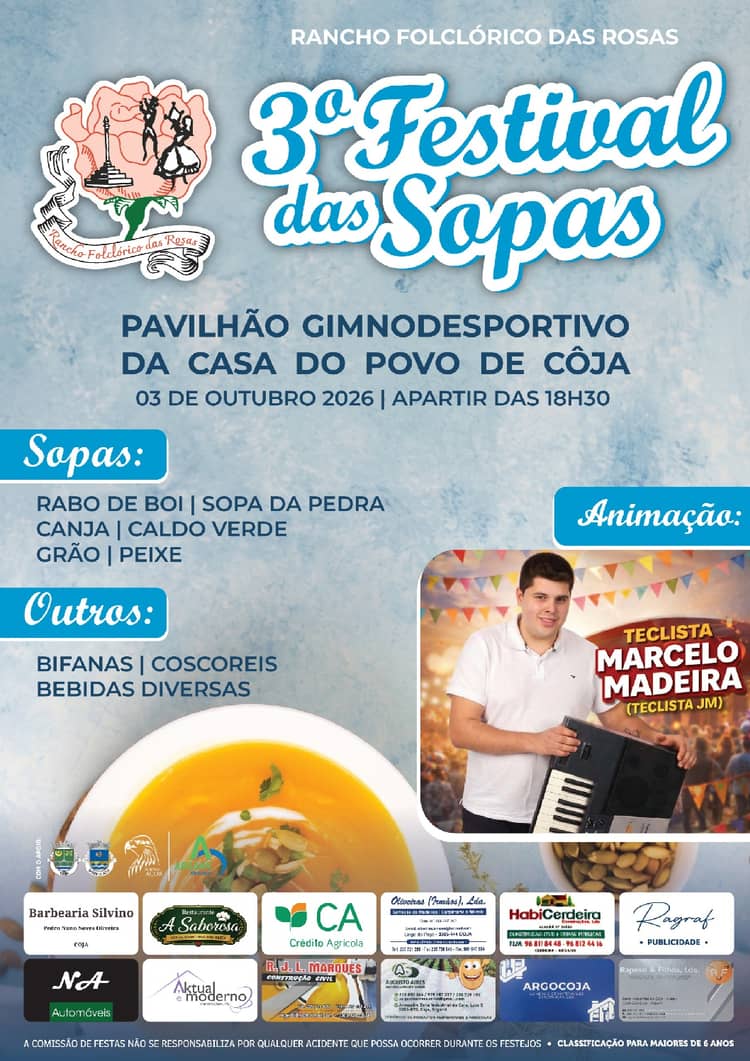 Cartaz de 3º Festival das Sopas – Rancho Folclórico das Rosas em Pavilhão Gimnodesportivo da Casa do Povo de Côja