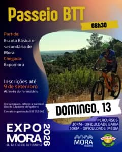 Cartaz de Passeio de BTT – ExpoMora 2026 em Escola Básica e Secundária de Mora