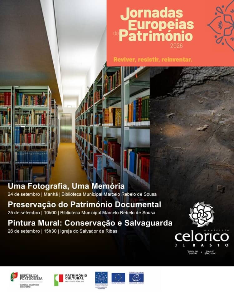 Cartaz de Jornadas Europeias do Património 2026 — Memória Escrita e Património Local em Biblioteca Municipal Marcelo Rebelo de Sousa