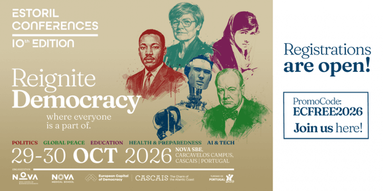 Cartaz de Conferências do Estoril 2026 — Reignite Democracy em Nova School of Business and Economics